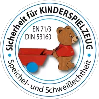 Spielzeugsicher nach DIN EN 71-3 und Speichel- und Schweißecht nach DIN 53160